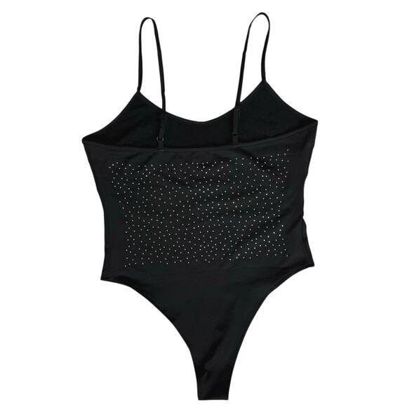 New Black Crystal Sparkle Bodysuit Tank Large Party Club NYE Glam Holiday Bling - Picture 9 of 15